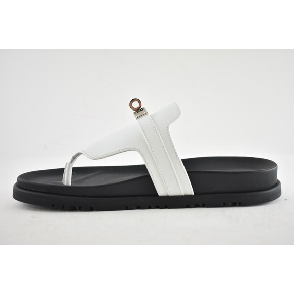 Hermes Empire Sandals White Black Leather Kelly Lock Logo Slide Mule Flat 37 - Picture 9 of 12
